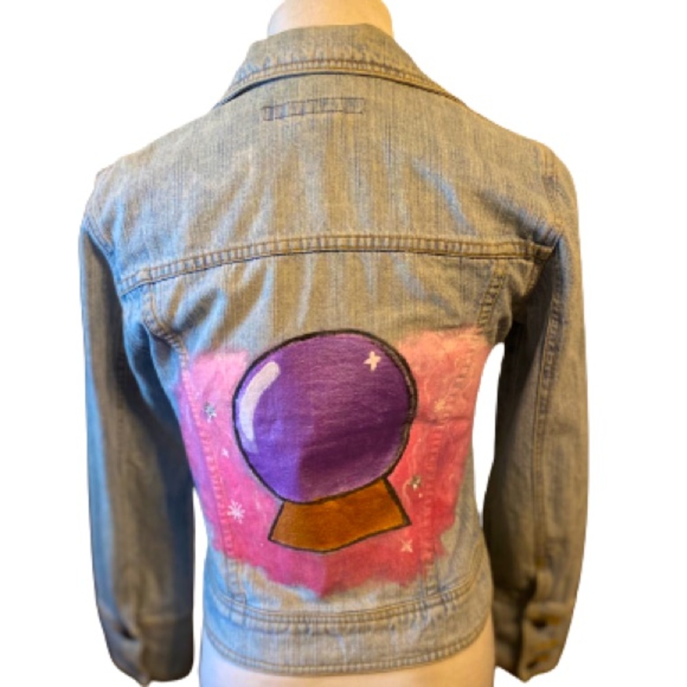 Custom Painted Paris Blues Jean Jacket Women’s Small Fortune Teller Purple/Pink